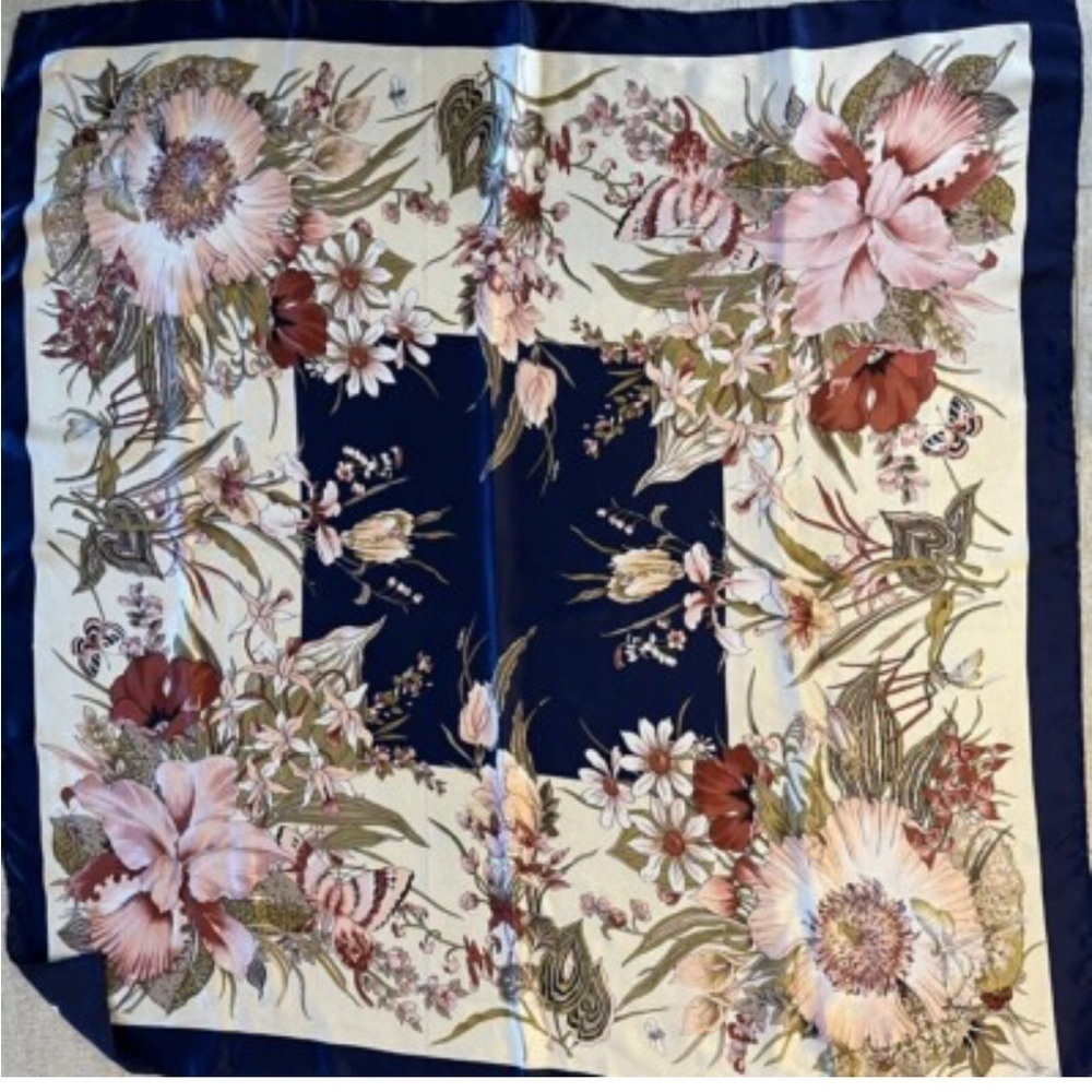 vintage '90s large 💯 silk square navy pink floral butterfly print scarf